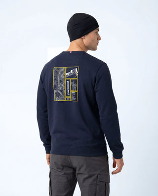 Dos du sweat Pavenrod bleu marine avec imprimé outdoor, coton bio et polyester, fabriqué en France.