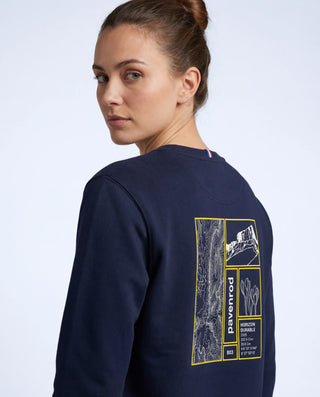 Détail dos imprimé du sweat Pavenrod bleu marine, coton bio et polyester, fabrication française.