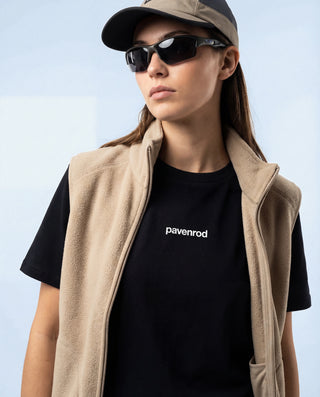 Black Pavenrod women's T-shirt B02, short sleeves, featuring logo, styled with a sleeveless jacket.